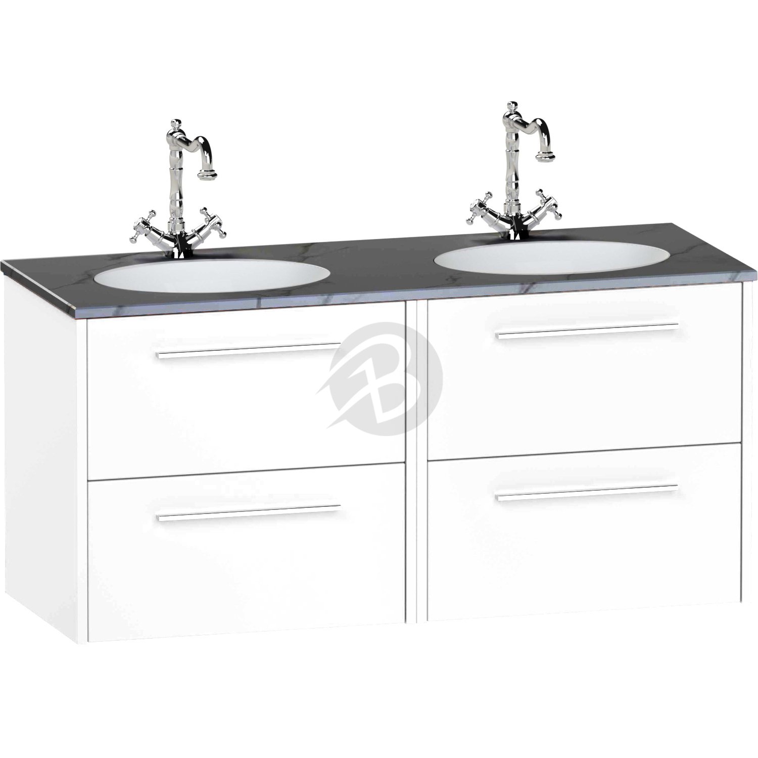 Calypso Brecon 4 Drawer Wall Hung Vanity Unit With Calypstone Aura Storm Grey Double Basin – 1200mm Wide – No TH - High Gloss White