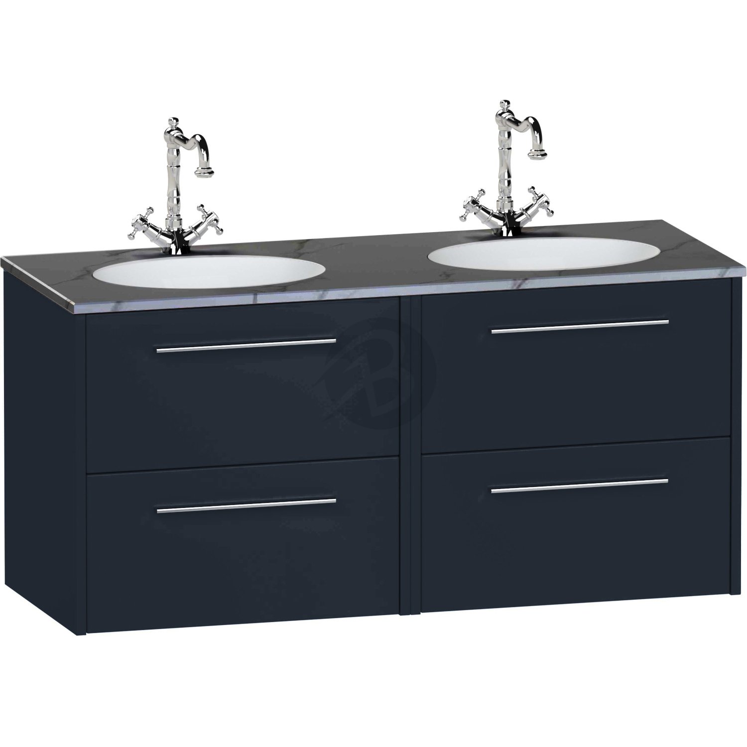 Calypso Brecon 4 Drawer Wall Hung Vanity Unit With Calypstone Aura Storm Grey Double Basin – 1200mm Wide – No TH - Marine Blue
