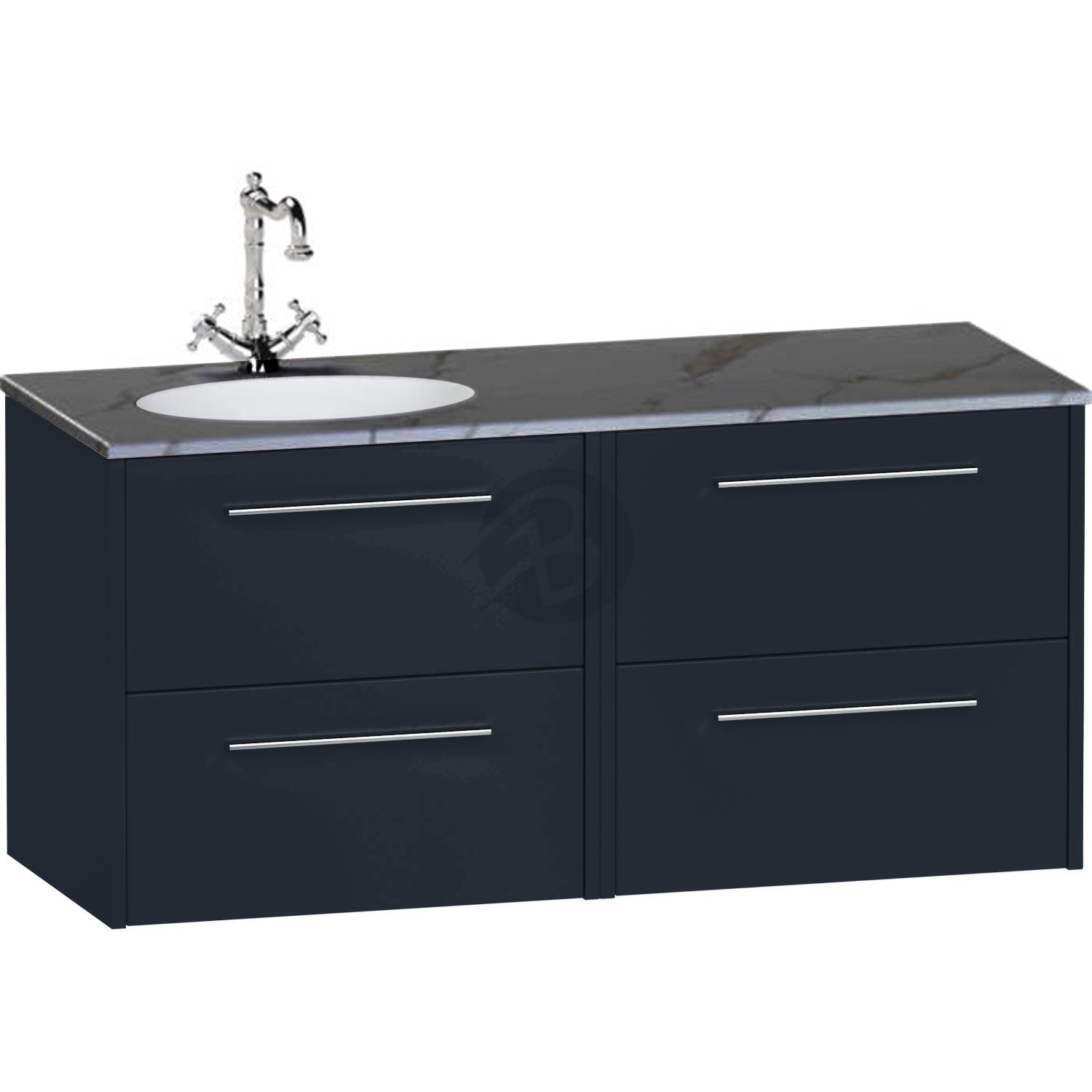 Calypso Brecon 4 Drawer Wall Hung Vanity Unit With Calypstone Aura Storm Grey Basin – 1200mm Wide – No TH – LH - Marine Blue