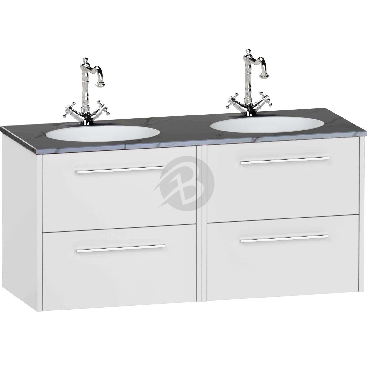 Calypso Brecon 4 Drawer Wall Hung Vanity Unit With Calypstone Aura Storm Grey Double Basin – 1200mm Wide – No TH - Pebble