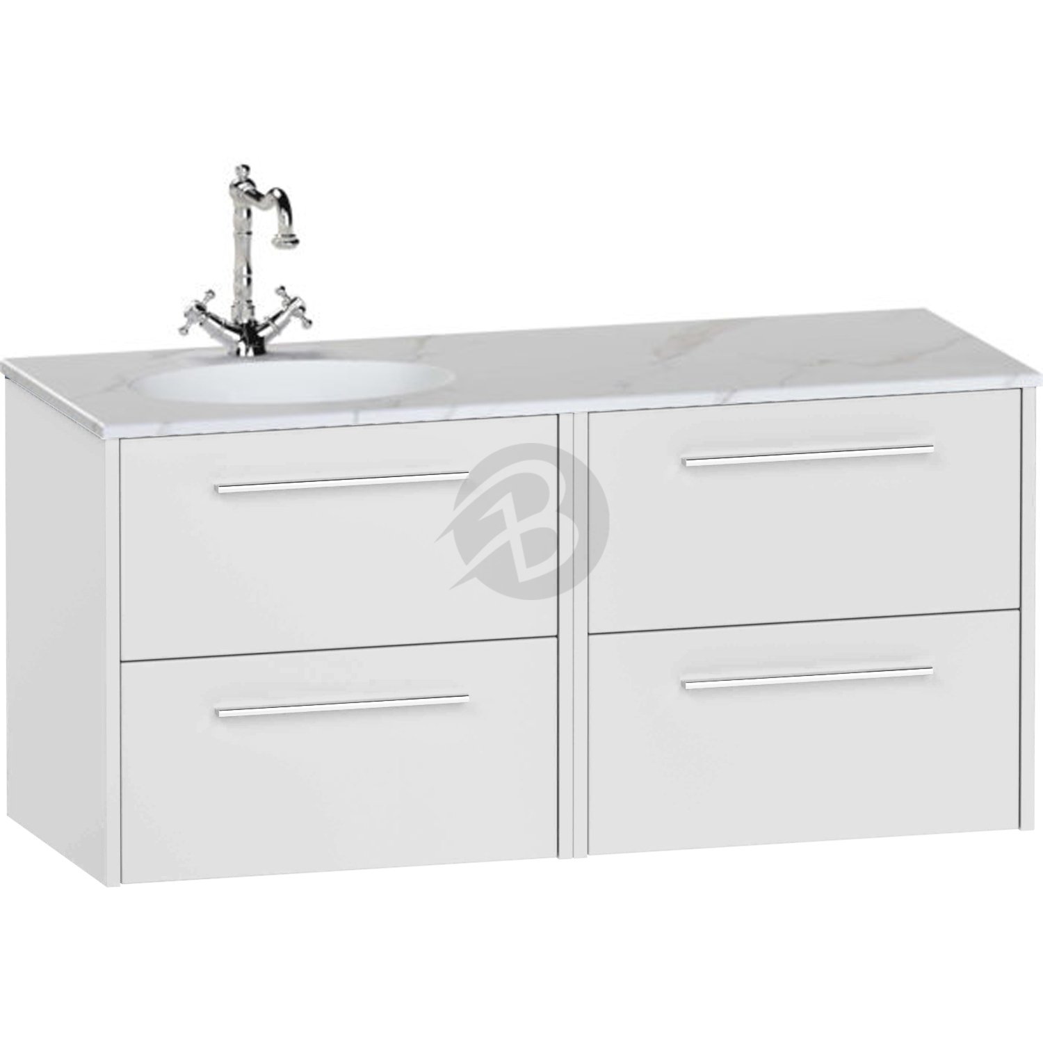 Calypso Brecon 4 Drawer Wall Hung Vanity Unit With Calypstone Aura Cirrus White Basin – 1200mm Wide – No TH – LH - Pebble