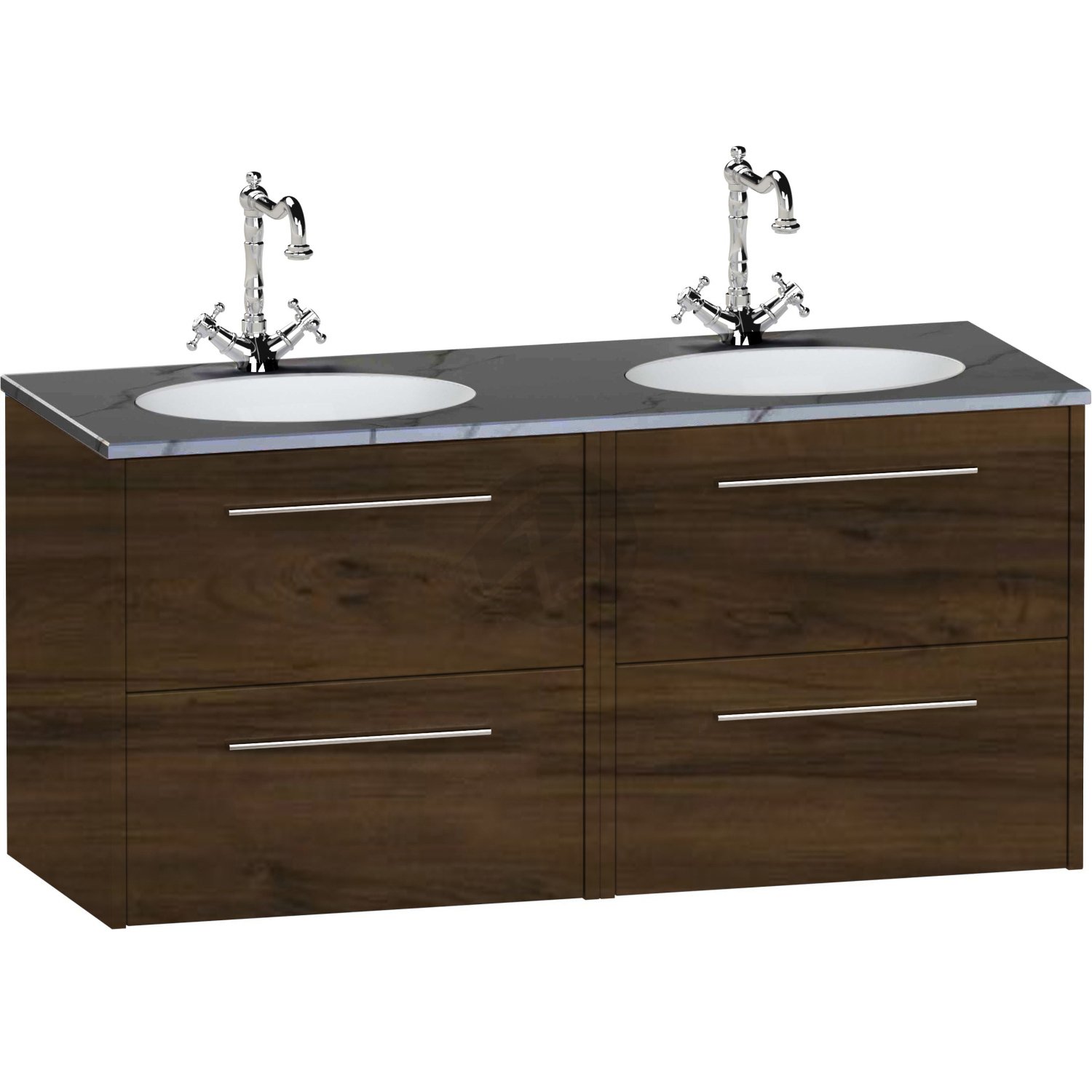 Calypso Brecon 4 Drawer Wall Hung Vanity Unit With Calypstone Aura Storm Grey Double Basin – 1200mm Wide – No TH - Persian Walnut