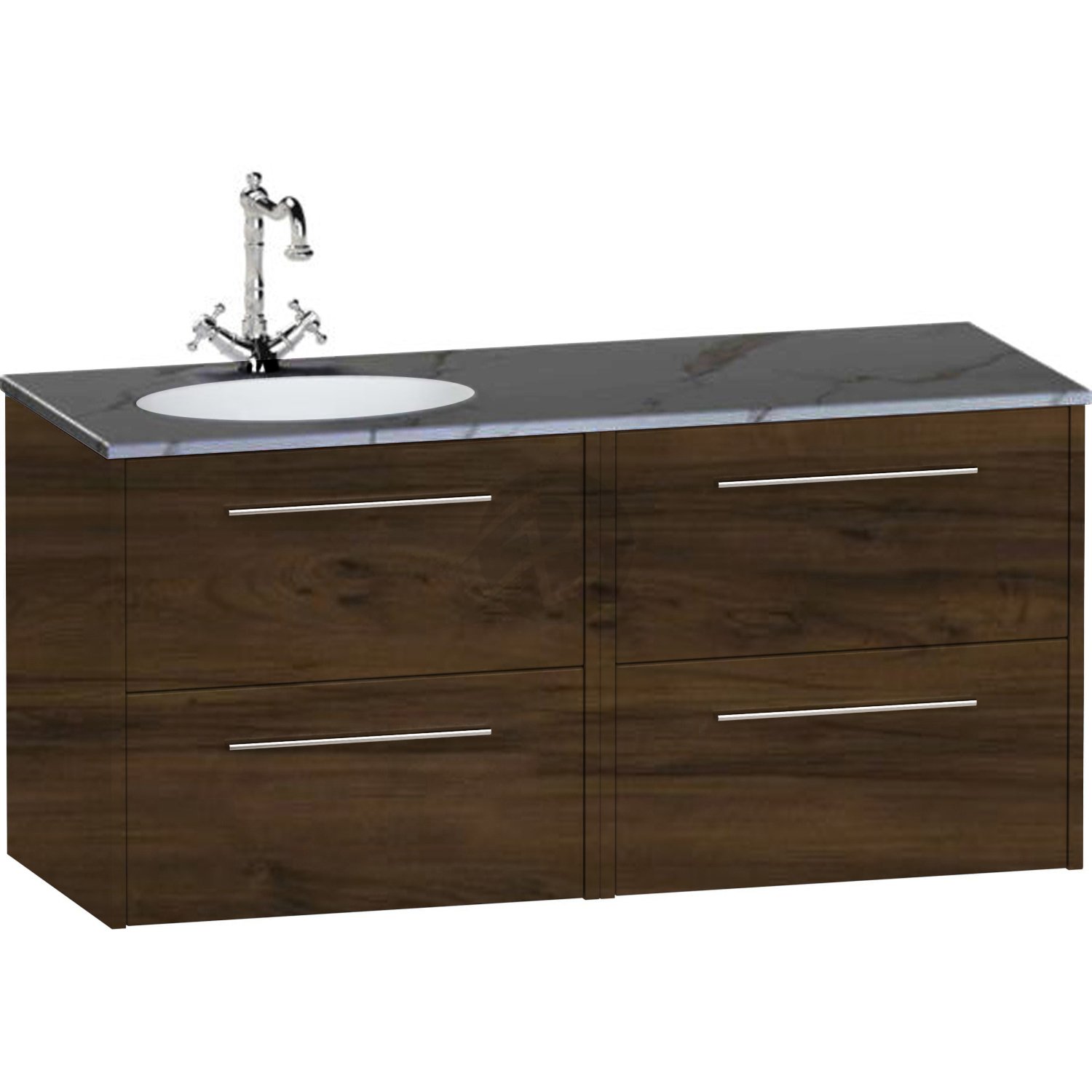 Calypso Brecon 4 Drawer Wall Hung Vanity Unit With Calypstone Aura Storm Grey Basin – 1200mm Wide – No TH – LH - Persian Walnut