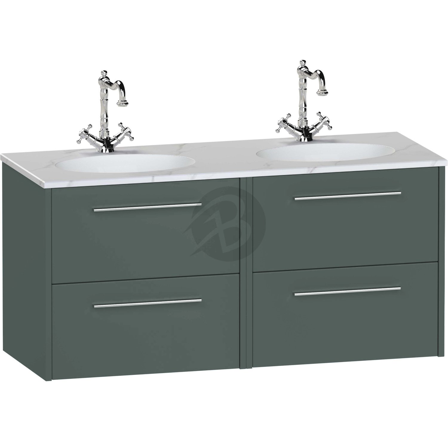 Calypso Brecon 4 Drawer Wall Hung Vanity Unit With Calypstone Aura Cirrus White Double Basin – 1200mm Wide – No TH - Hunter Green