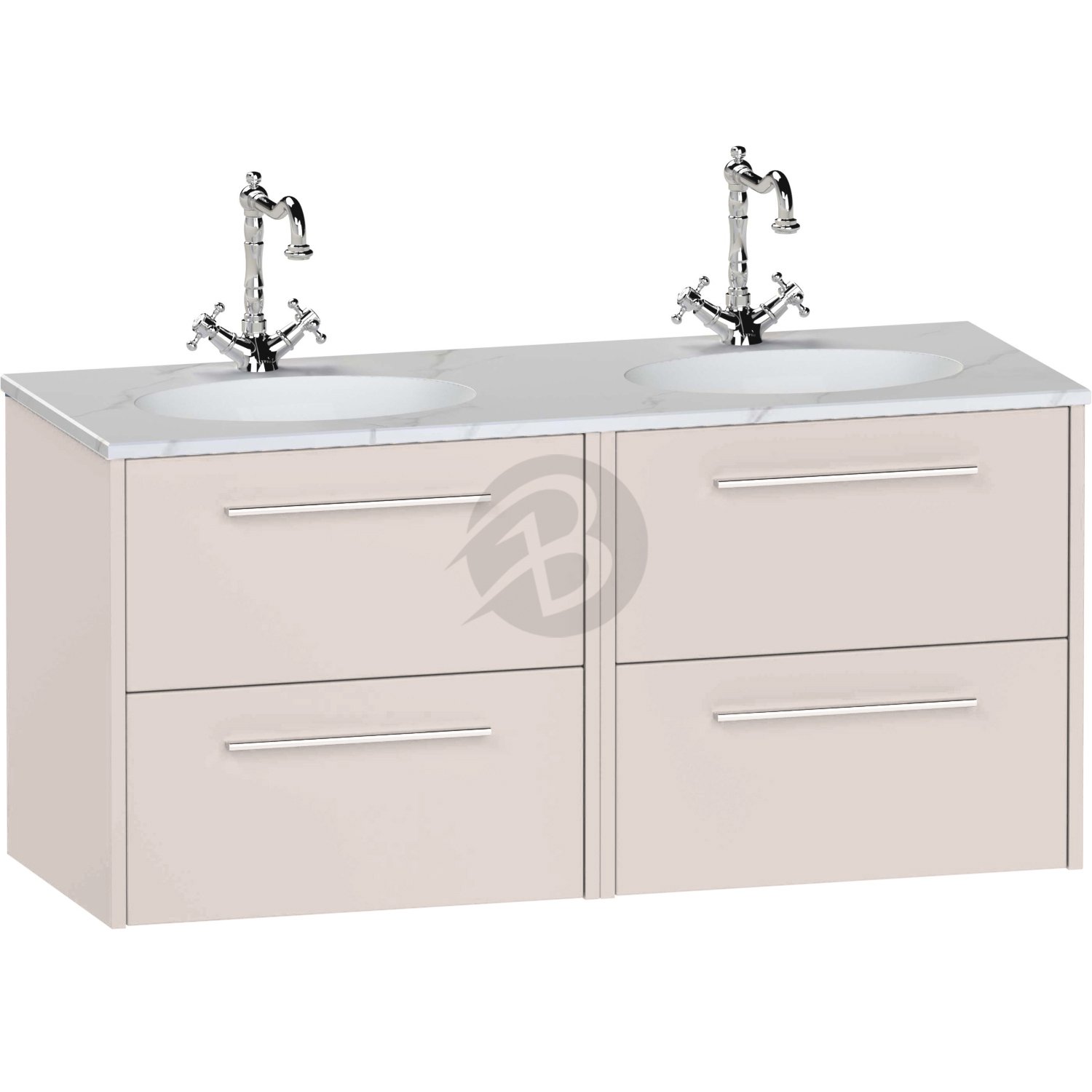 Calypso Brecon 4 Drawer Wall Hung Vanity Unit With Calypstone Aura Cirrus White Double Basin – 1200mm Wide – No TH - Stone Gloss