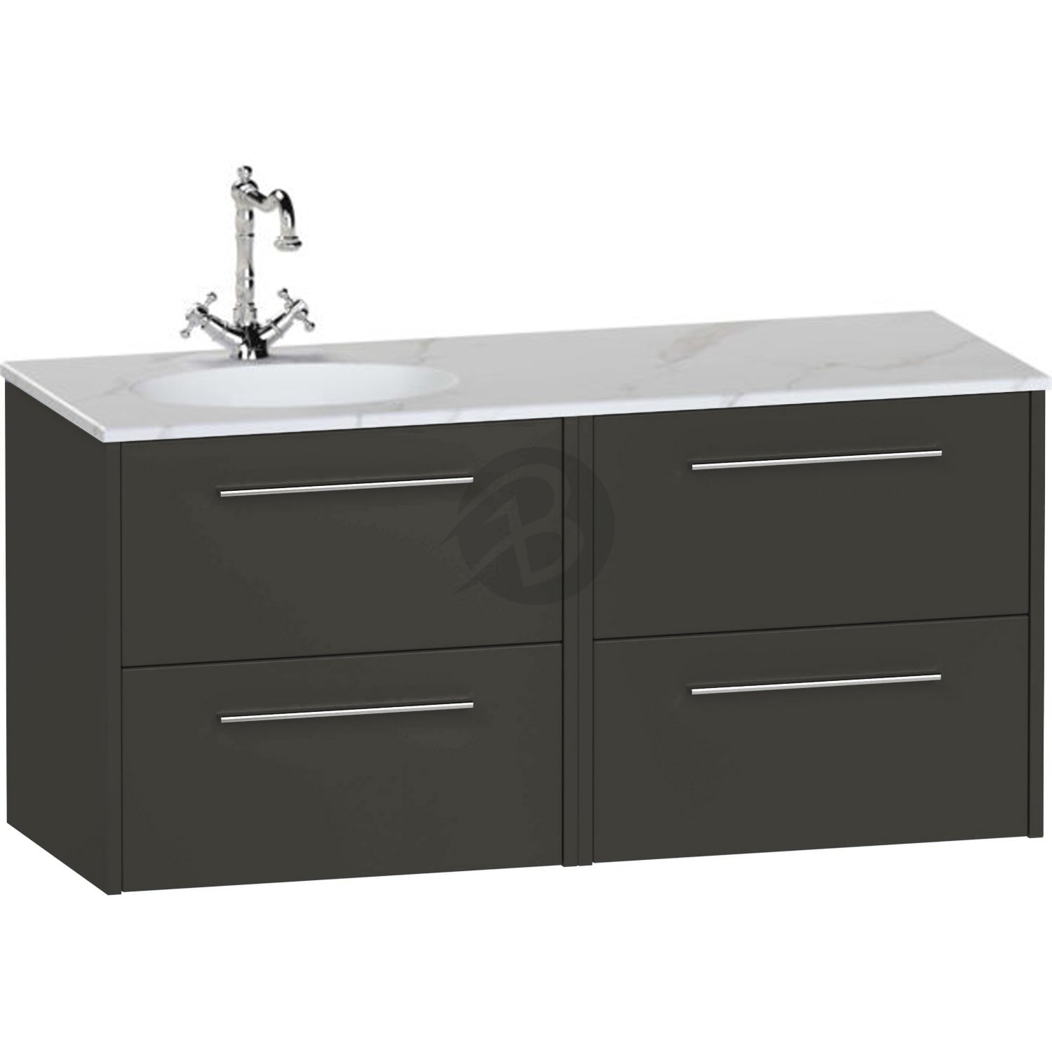 Calypso Brecon 4 Drawer Wall Hung Vanity Unit With Calypstone Aura Cirrus White Basin – 1200mm Wide – No TH – LH - Soft Black