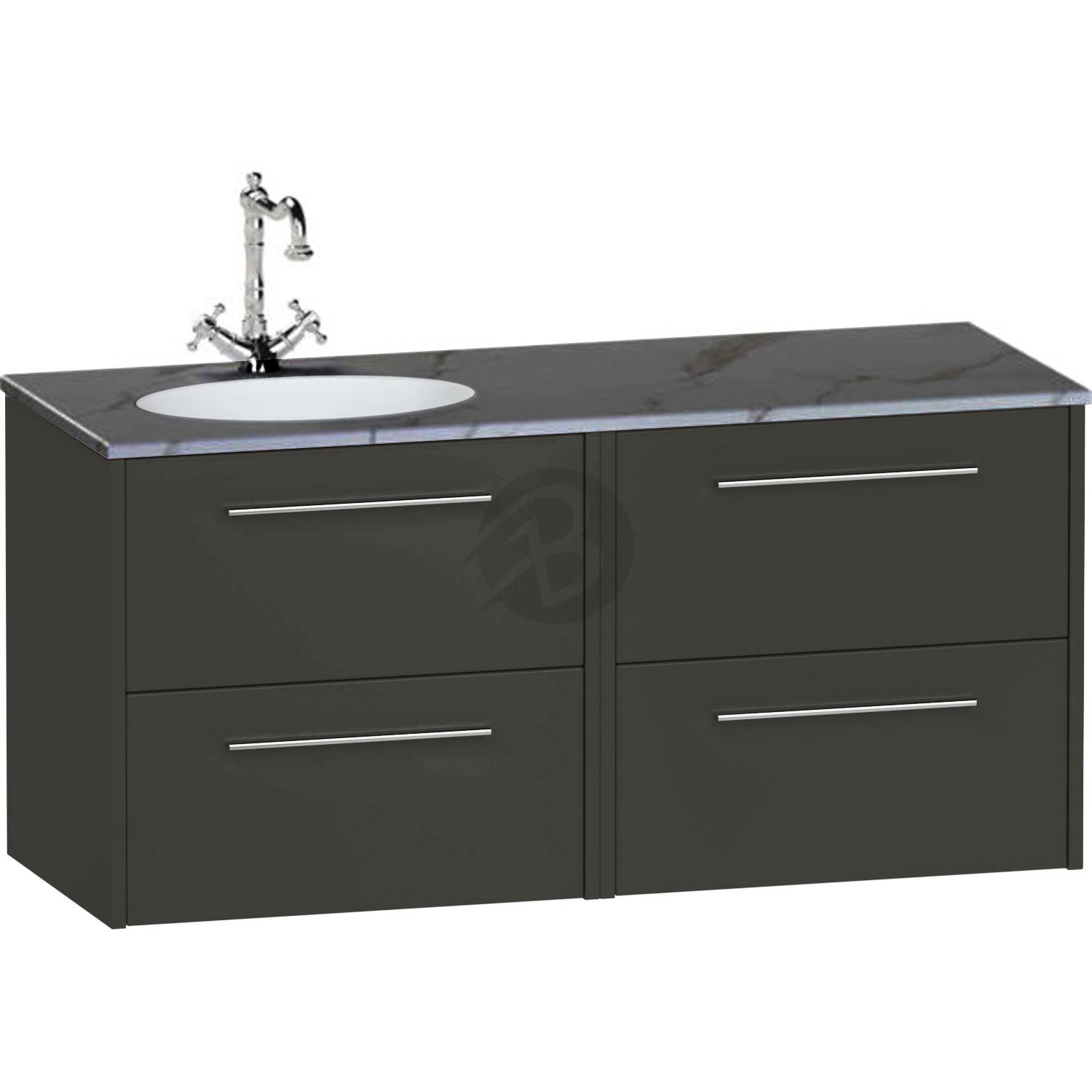 Calypso Brecon 4 Drawer Wall Hung Vanity Unit With Calypstone Aura Storm Grey Basin – 1200mm Wide – No TH – LH - Soft Black