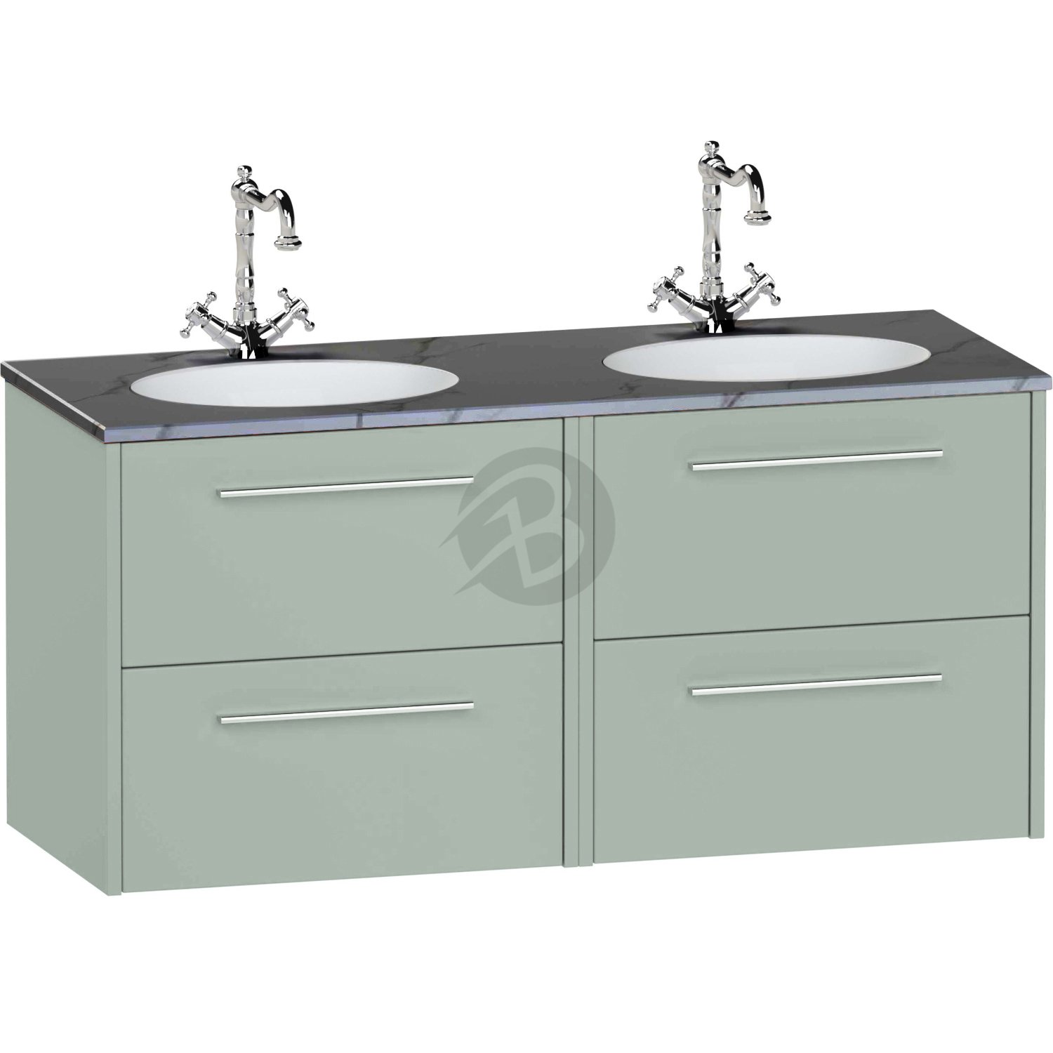 Calypso Brecon 4 Drawer Wall Hung Vanity Unit With Calypstone Aura Storm Grey Double Basin – 1200mm Wide – No TH - Soft Green