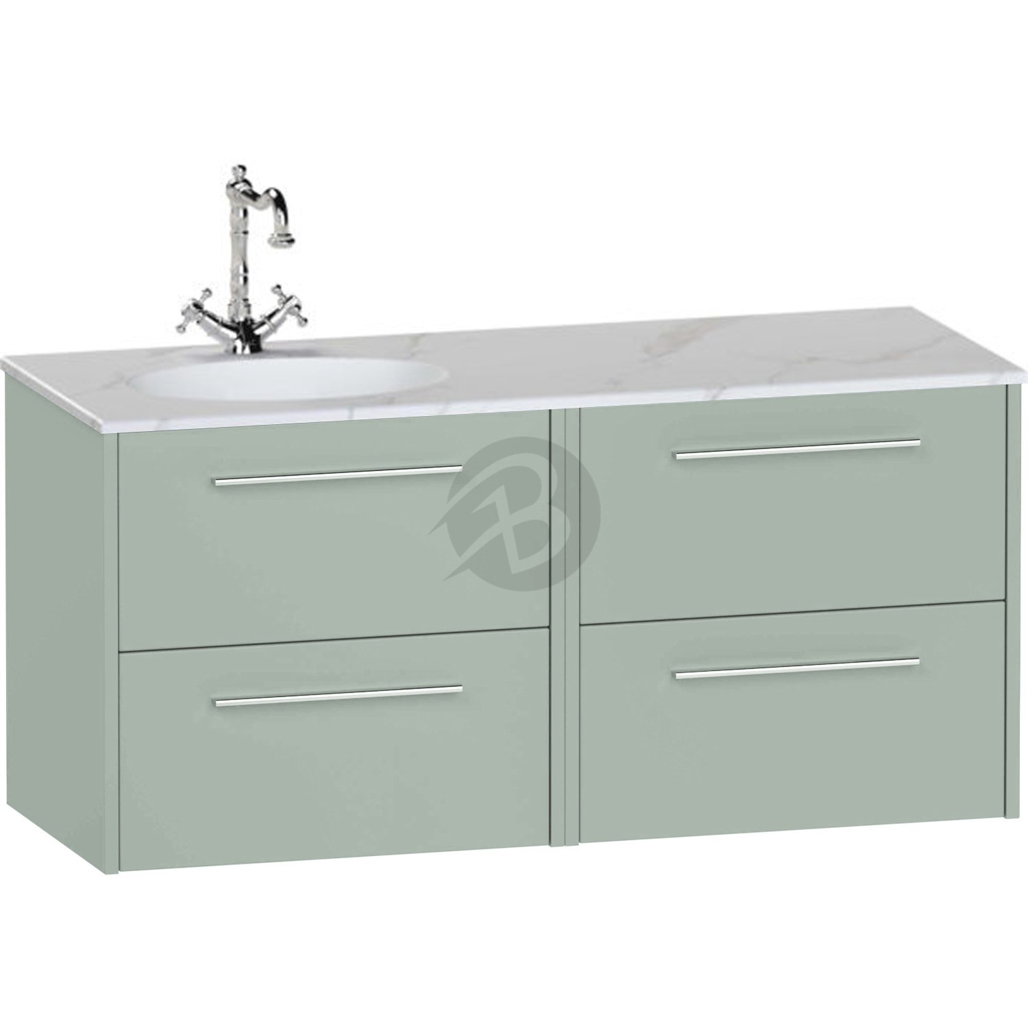 Calypso Brecon 4 Drawer Wall Hung Vanity Unit With Calypstone Aura Cirrus White Basin – 1200mm Wide – No TH – LH - Soft Green
