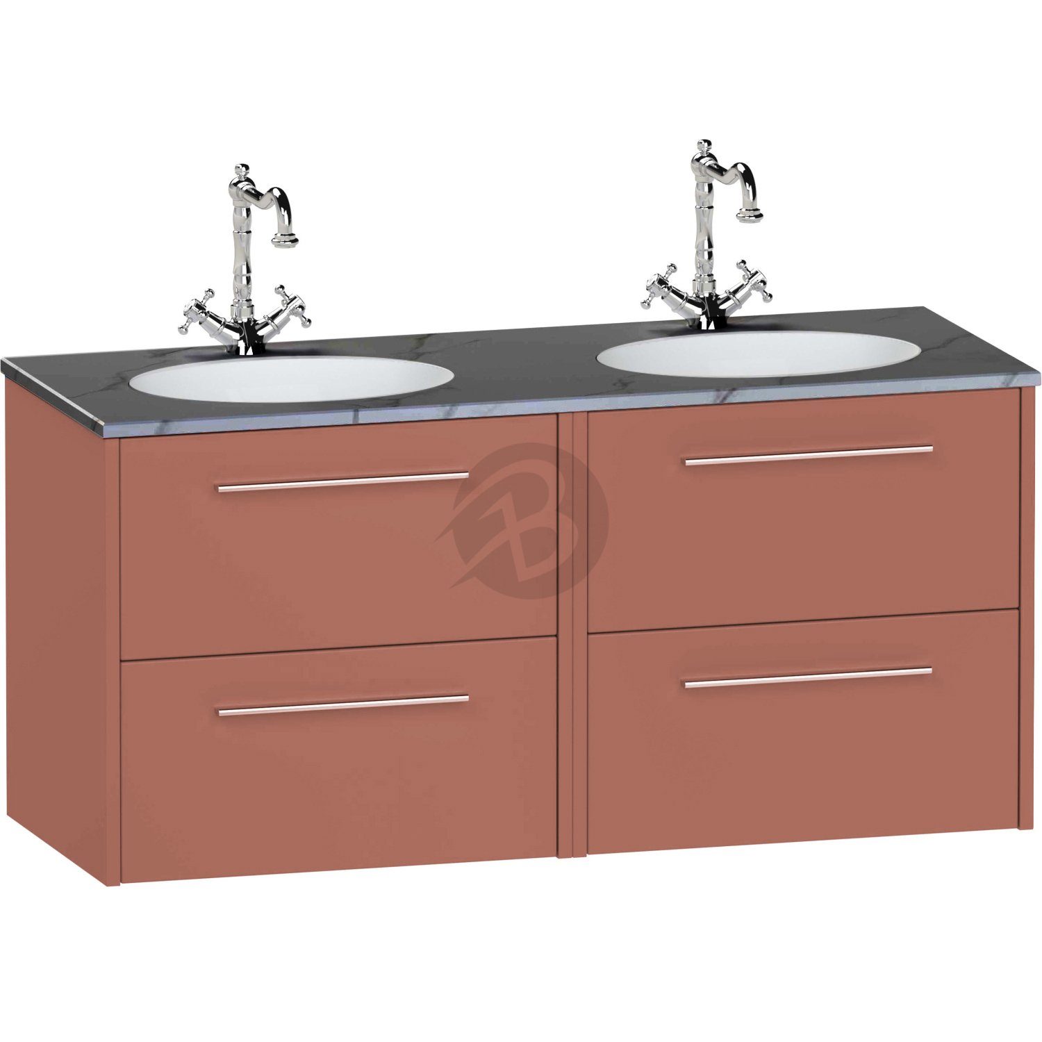 Calypso Brecon 4 Drawer Wall Hung Vanity Unit With Calypstone Aura Storm Grey Double Basin – 1200mm Wide – No TH - Terracotta
