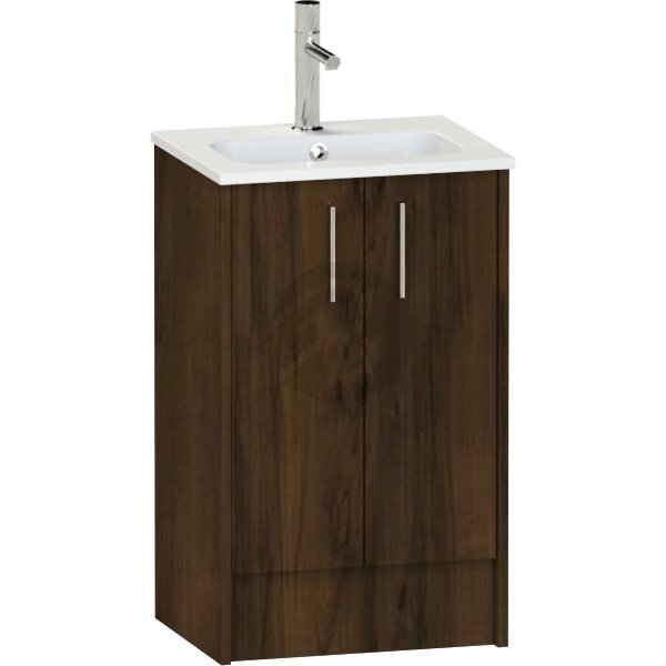 Calypso Brecon 2 Door Floor Standing Slim Vanity Unit With Idro Cast White Basin – 500mm Wide – 1 TH - Persian Walnut