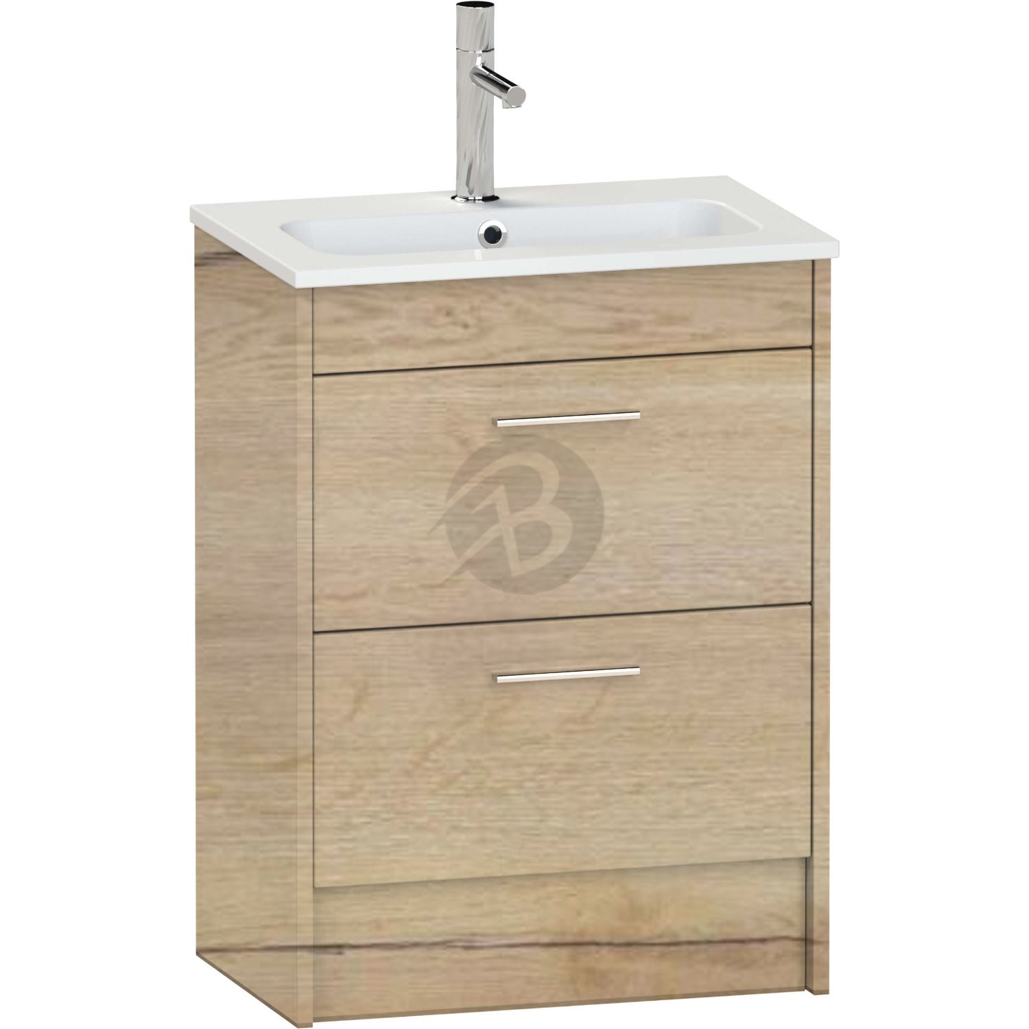 Calypso Brecon 2 Drawer Floor Standing Slim Vanity Unit With Chandler Ceramic White Basin – 600mm Wide – 1 TH - Light English Oak