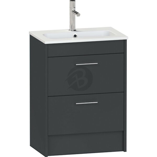 Calypso Brecon 2 Drawer Floor Standing Slim Vanity Unit With Idro Cast White Basin – 600mm Wide – 1 TH - Soft Graphite