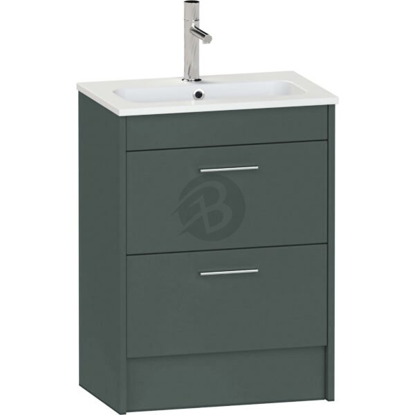 Calypso Brecon 2 Drawer Floor Standing Slim Vanity Unit With Idro Cast White Basin – 600mm Wide – 1 TH - Hunter Green