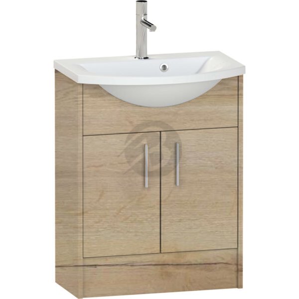 Calypso Brecon 2 Door Floor Standing Vanity Unit With Art Cast Marble White Basin – 650mm Wide – 1 TH - Light English Oak
