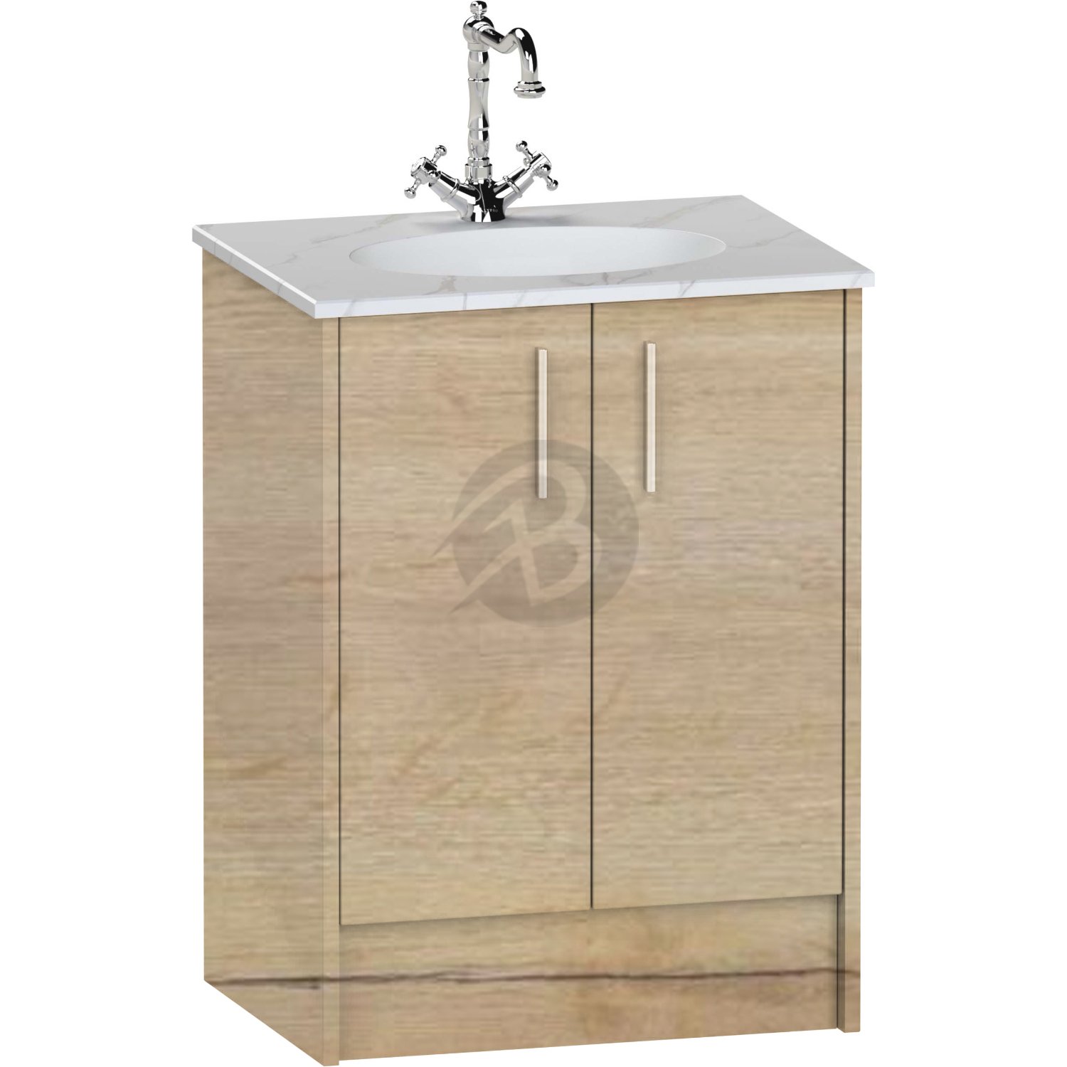 Calypso Brecon 2 Door Floor Standing Vanity Unit With Calypstone Aura Cirrus White Basin – 600mm Wide – No TH - Light English Oak