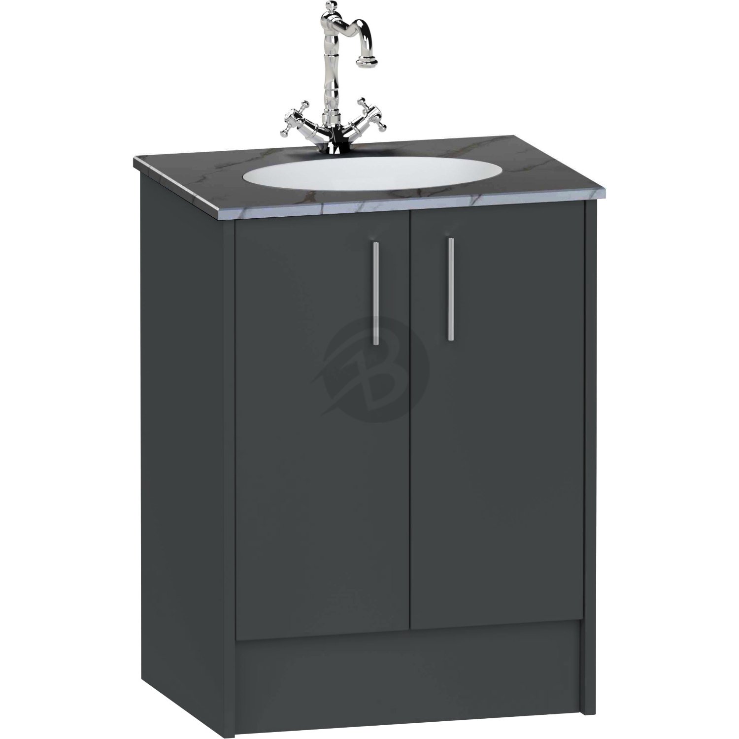 Calypso Brecon 2 Door Floor Standing Vanity Unit With Calypstone Aura Storm Grey Basin – 600mm Wide – No TH - Soft Graphite