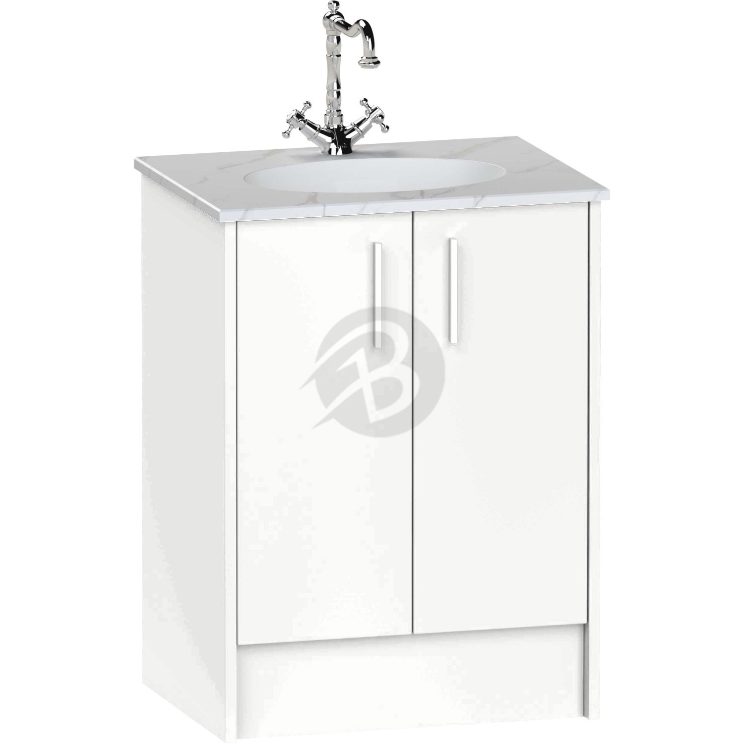 Calypso Brecon 2 Door Floor Standing Vanity Unit With Calypstone Aura Cirrus White Basin – 600mm Wide – No TH - High Gloss White
