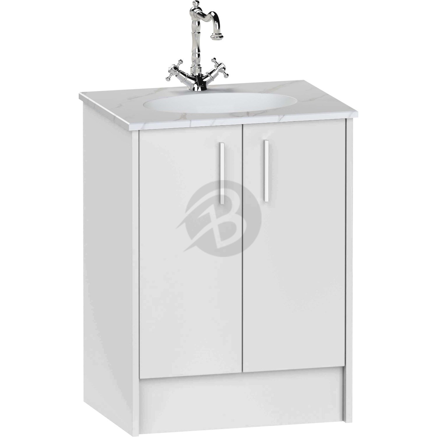 Calypso Brecon 2 Door Floor Standing Vanity Unit With Calypstone Aura Cirrus White Basin – 600mm Wide – No TH - Pebble