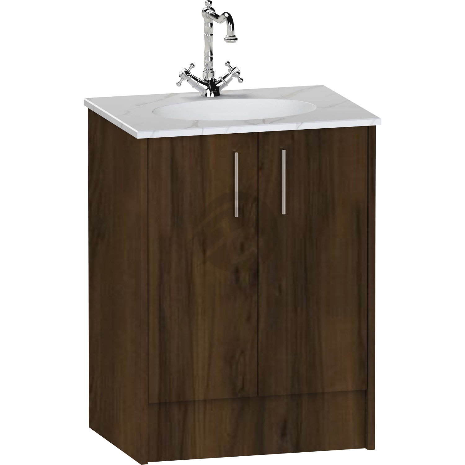 Calypso Brecon 2 Door Floor Standing Vanity Unit With Calypstone Aura Cirrus White Basin – 600mm Wide – No TH - Persian Walnut