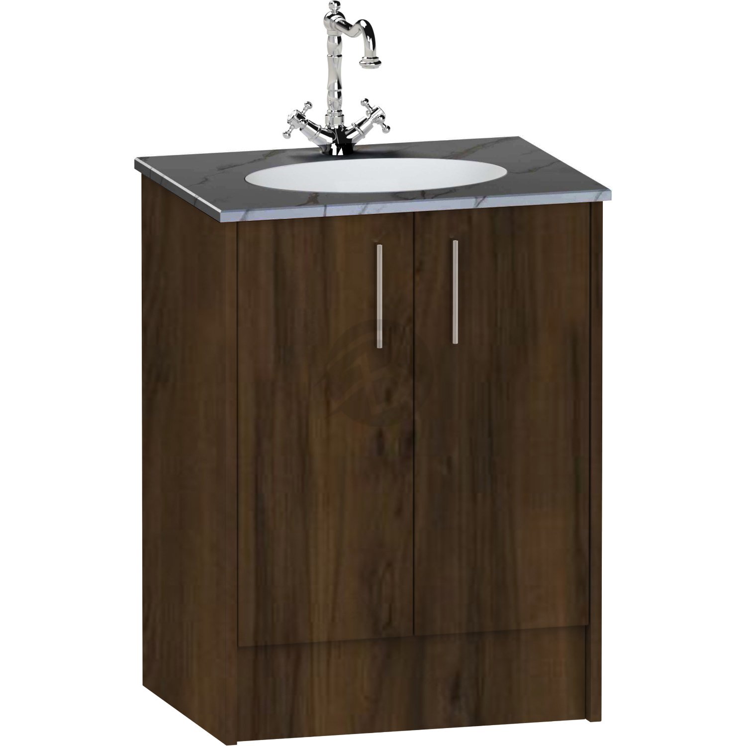 Calypso Brecon 2 Door Floor Standing Vanity Unit With Calypstone Aura Storm Grey Basin – 600mm Wide – No TH - Persian Walnut