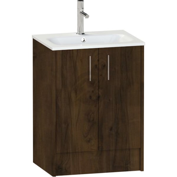 Calypso Brecon 2 Door Floor Standing Vanity Unit With Orani Cast Gloss White Basin – 600mm Wide – 1 TH - Persian Walnut