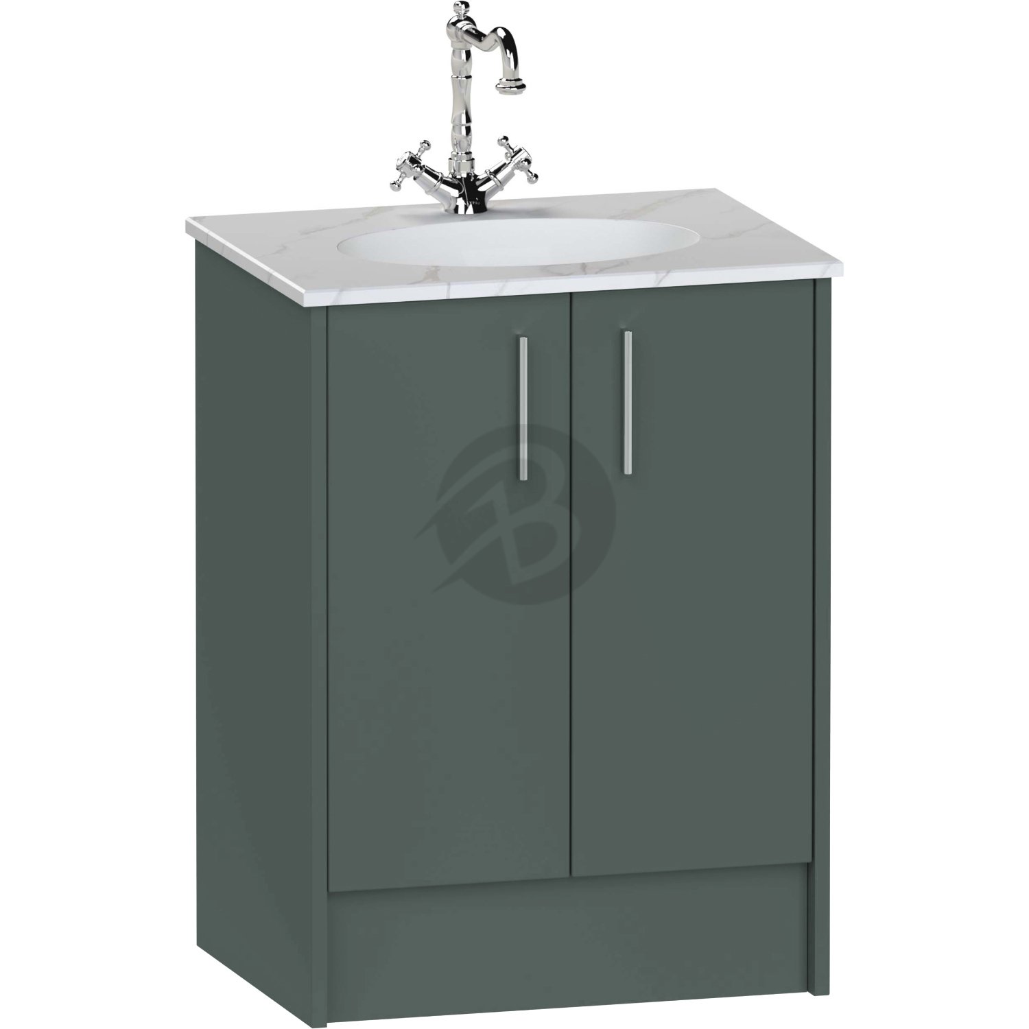 Calypso Brecon 2 Door Floor Standing Vanity Unit With Calypstone Aura Cirrus White Basin – 600mm Wide – No TH - Hunter Green