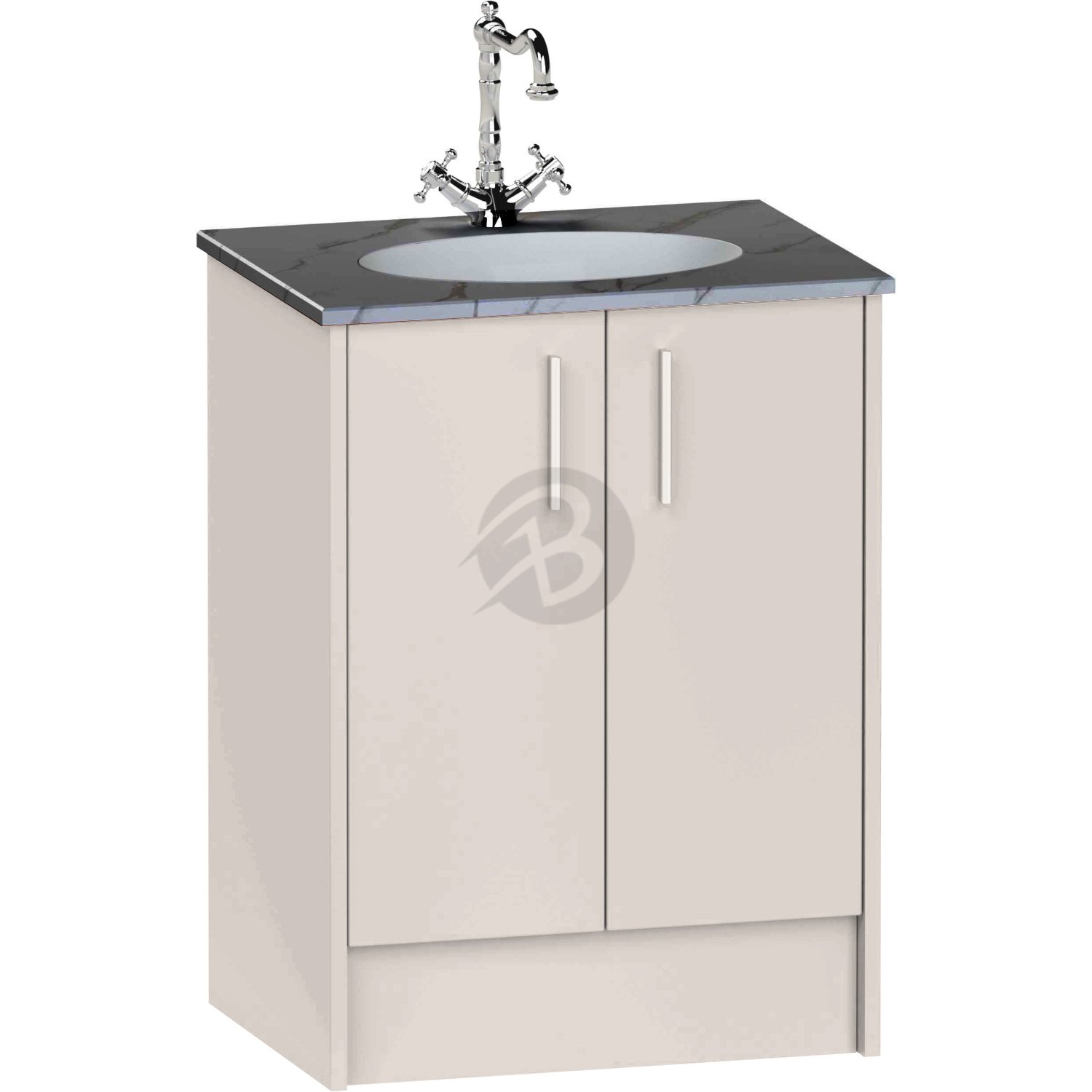 Calypso Brecon 2 Door Floor Standing Vanity Unit With Calypstone Aura Storm Grey Basin – 600mm Wide – No TH - Stone Gloss