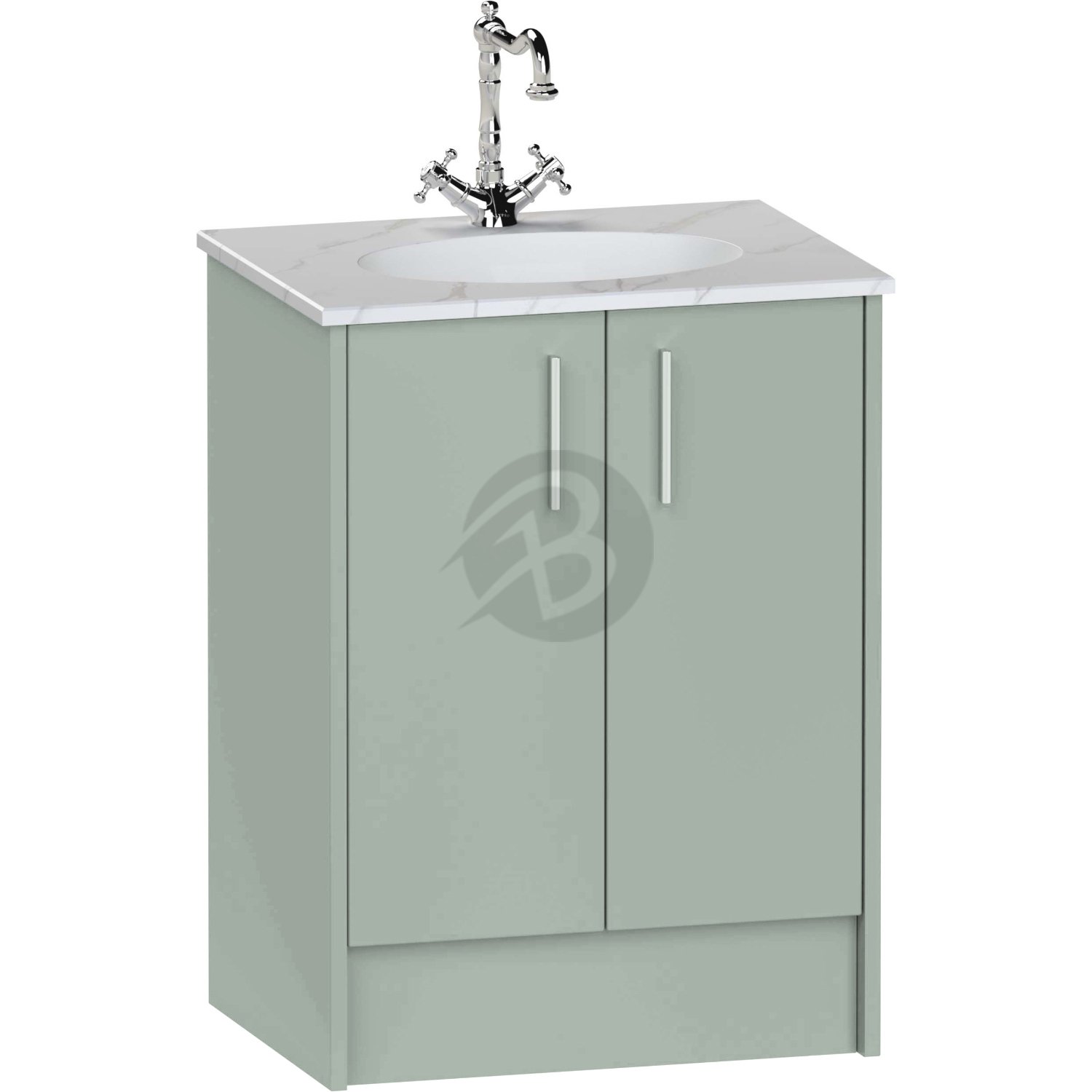 Calypso Brecon 2 Door Floor Standing Vanity Unit With Calypstone Aura Cirrus White Basin – 600mm Wide – No TH - Soft Green