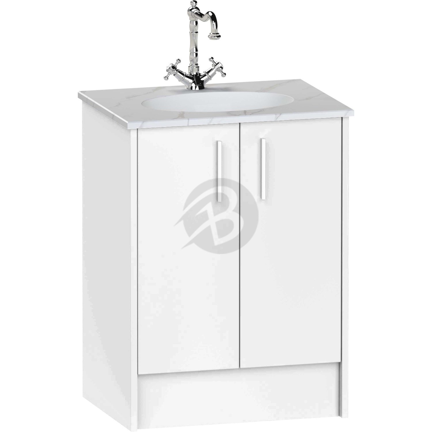 Calypso Brecon 2 Door Floor Standing Vanity Unit With Calypstone Aura Cirrus White Basin – 600mm Wide – No TH - Soft White