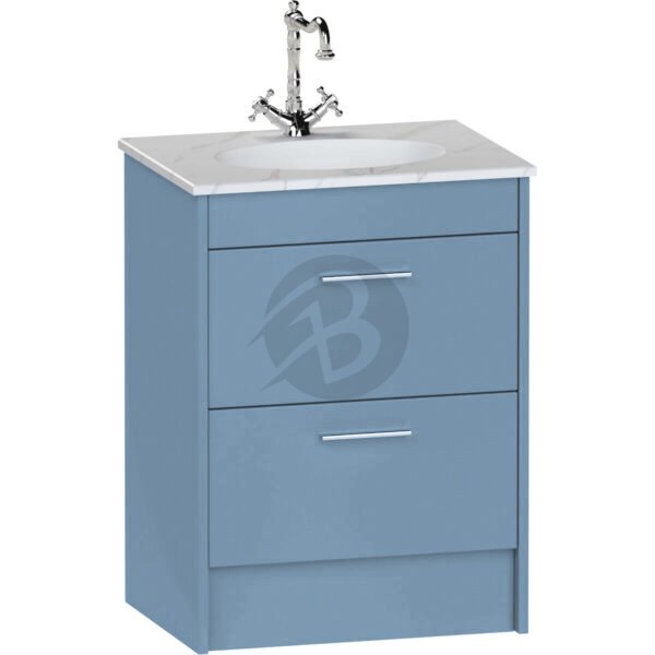 Calypso Brecon 2 Drawer Floor Standing Vanity Unit With Calypstone Aura Cirrus White Basin – 600mm Wide – No TH - Dusky Blue