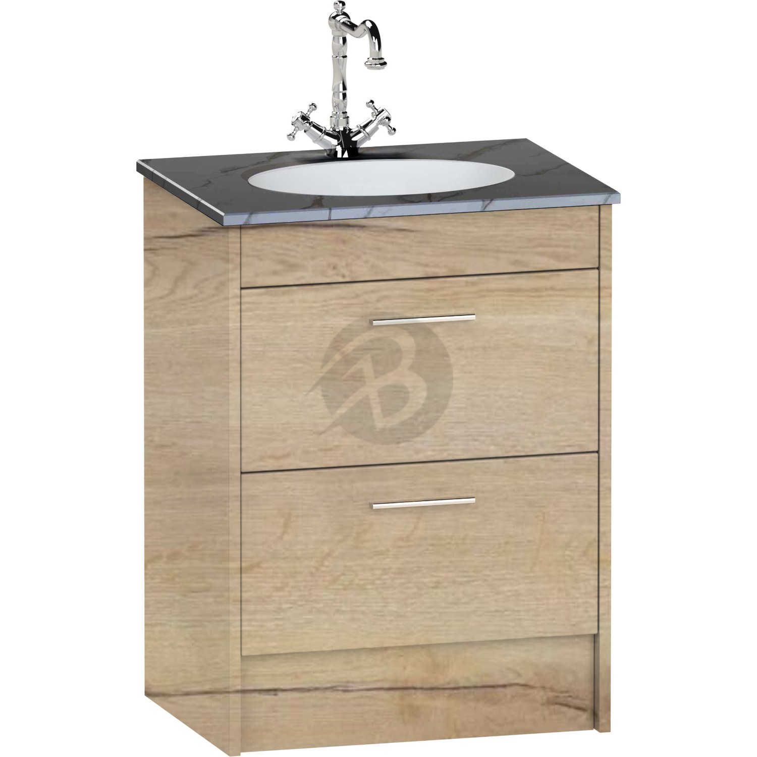 Calypso Brecon 2 Drawer Floor Standing Vanity Unit With Calypstone Aura Storm Grey Basin – 600mm Wide – No TH - Light English Oak