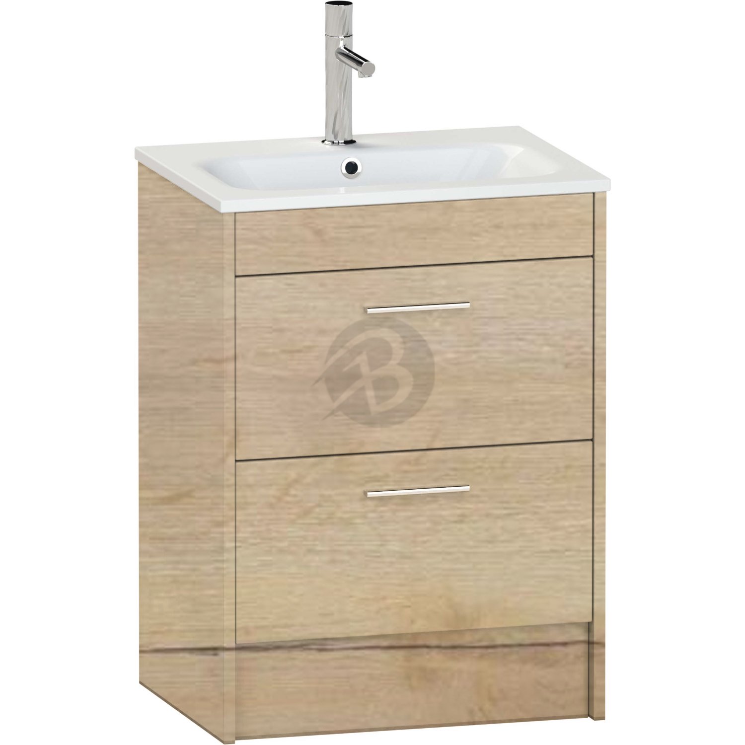 Calypso Brecon 2 Drawer Floor Standing Vanity Unit With Serrenti Ceramic White Basin – 600mm Wide – 1 TH - Light English Oak
