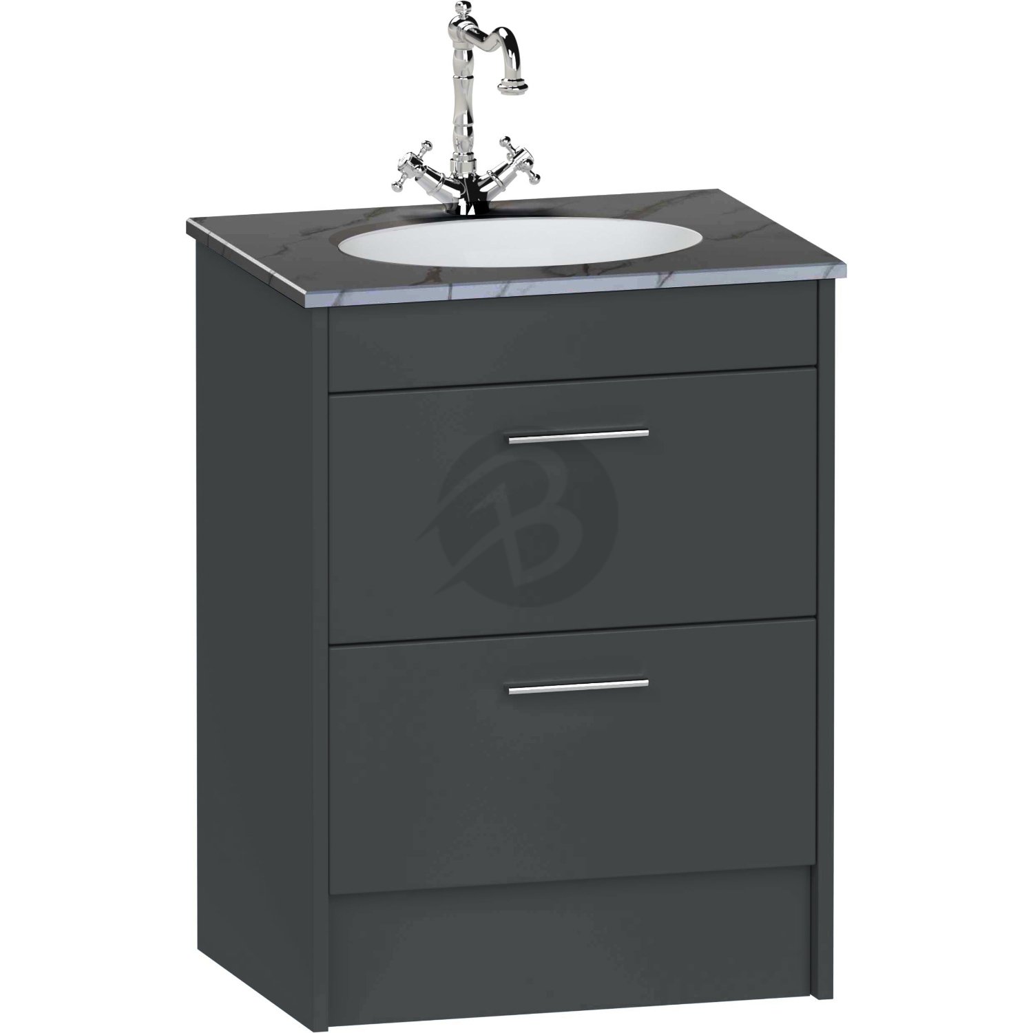 Calypso Brecon 2 Drawer Floor Standing Vanity Unit With Calypstone Aura Storm Grey Basin – 600mm Wide – No TH - Soft Graphite