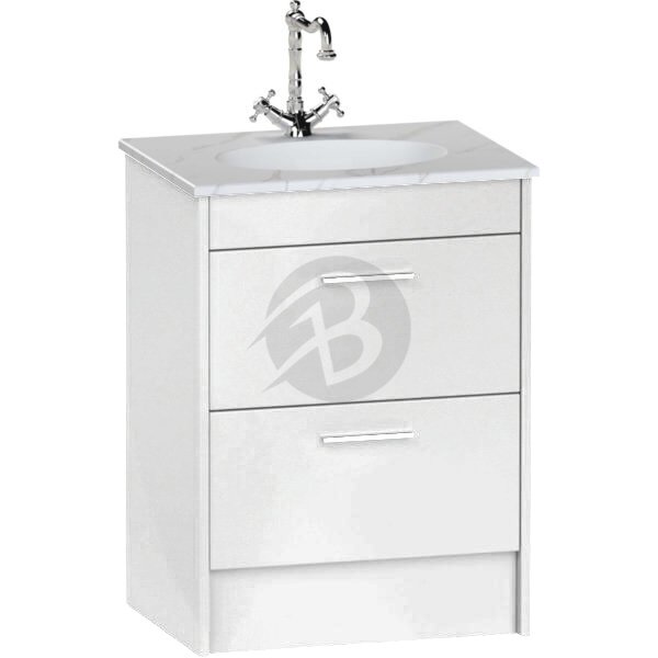 Calypso Brecon 2 Drawer Floor Standing Vanity Unit With Calypstone Aura Cirrus White Basin – 600mm Wide – No TH - High Gloss White