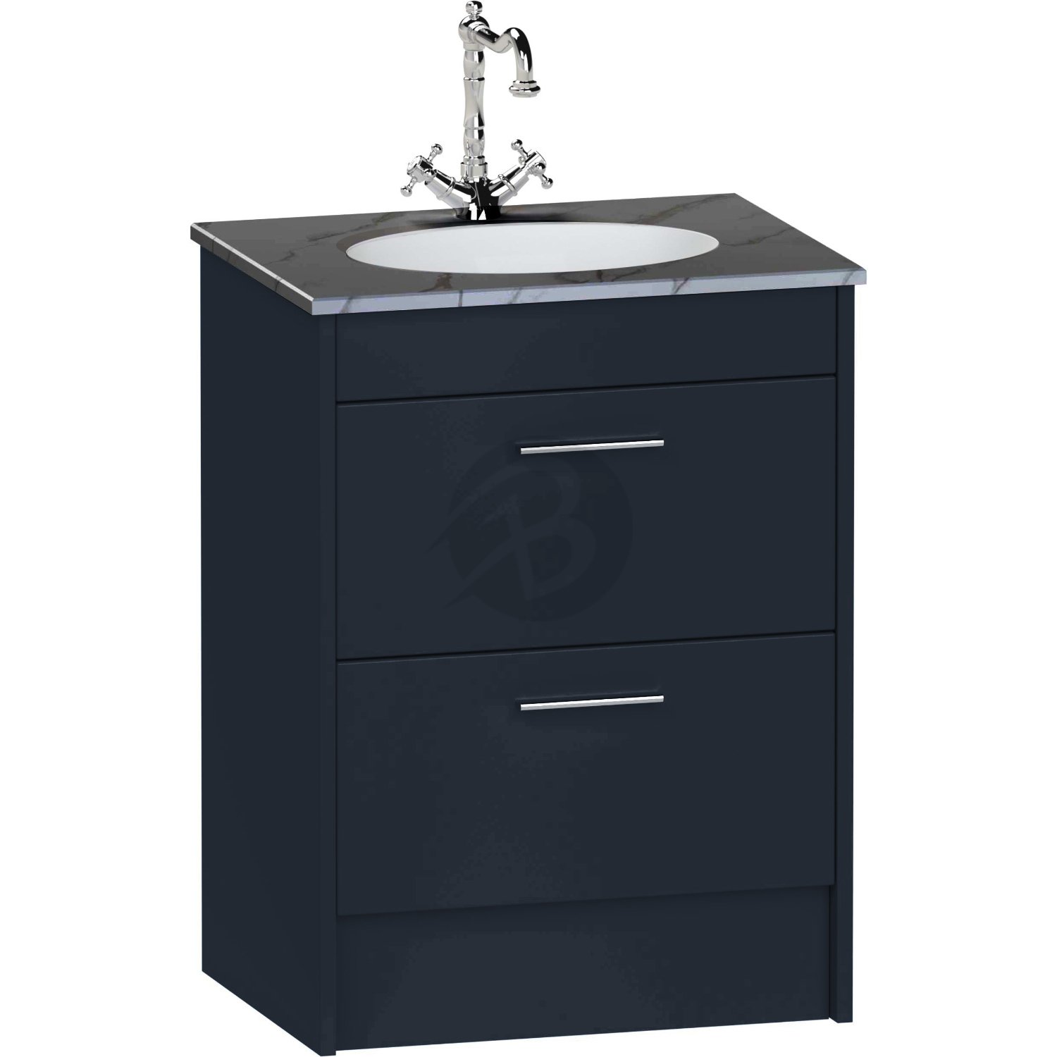 Calypso Brecon 2 Drawer Floor Standing Vanity Unit With Calypstone Aura Storm Grey Basin – 600mm Wide – No TH - Marine Blue