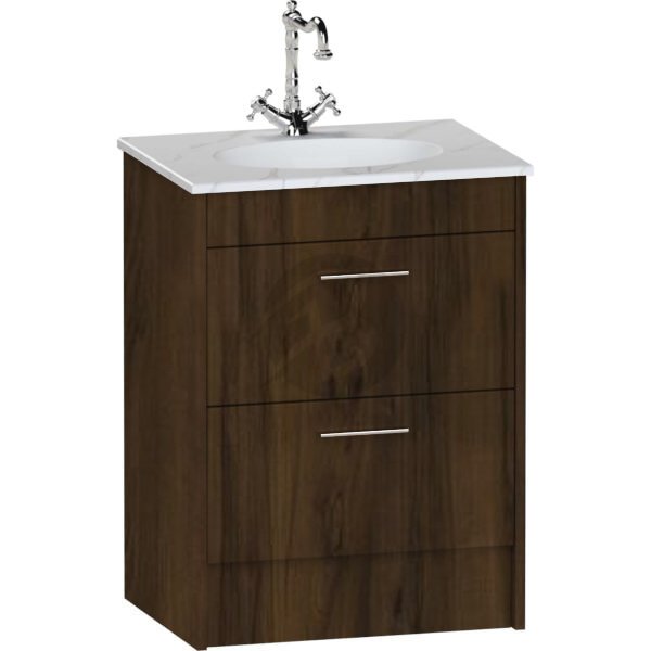 Calypso Brecon 2 Drawer Floor Standing Vanity Unit With Calypstone Aura Cirrus White Basin – 600mm Wide – No TH - Persian Walnut