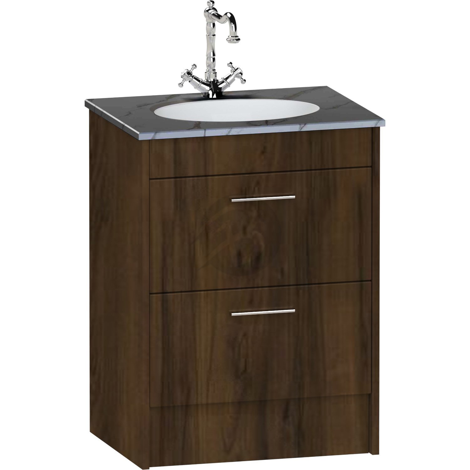 Calypso Brecon 2 Drawer Floor Standing Vanity Unit With Calypstone Aura Storm Grey Basin – 600mm Wide – No TH - Persian Walnut