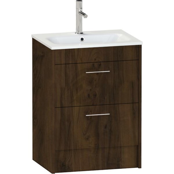 Calypso Brecon 2 Drawer Floor Standing Vanity Unit With Orani Cast Gloss White Basin – 600mm Wide – 1 TH - Persian Walnut