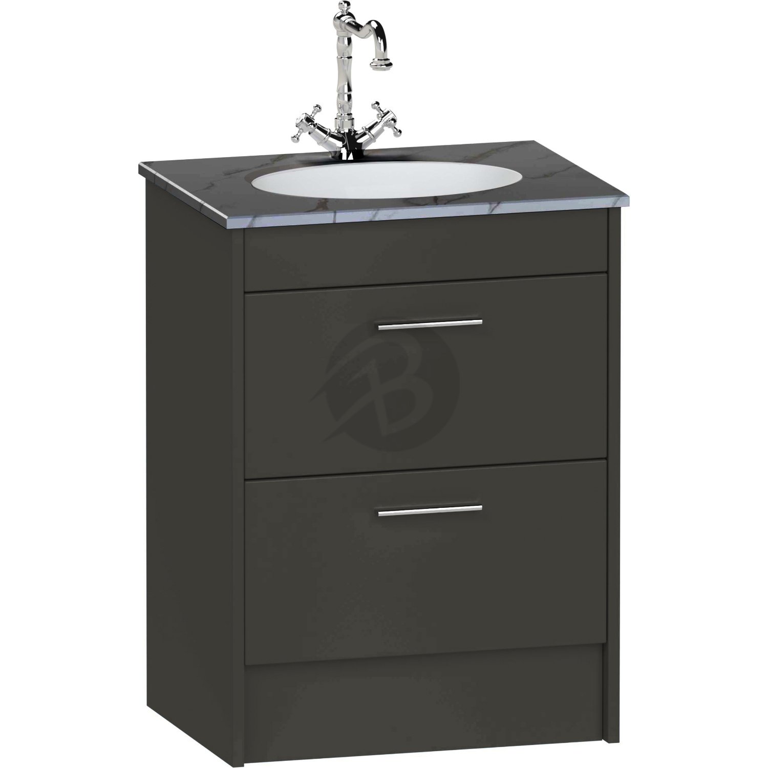 Calypso Brecon 2 Drawer Floor Standing Vanity Unit With Calypstone Aura Storm Grey Basin – 600mm Wide – No TH - Soft Black