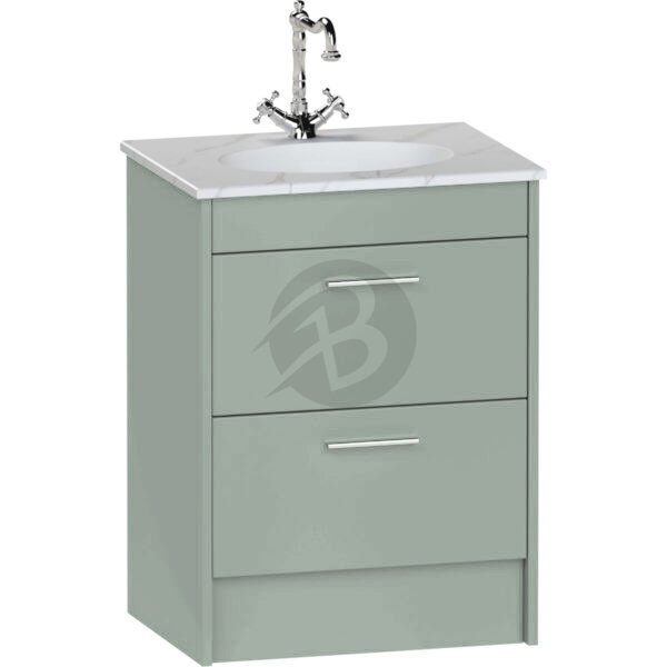 Calypso Brecon 2 Drawer Floor Standing Vanity Unit With Calypstone Aura Cirrus White Basin – 600mm Wide – No TH - Soft Green