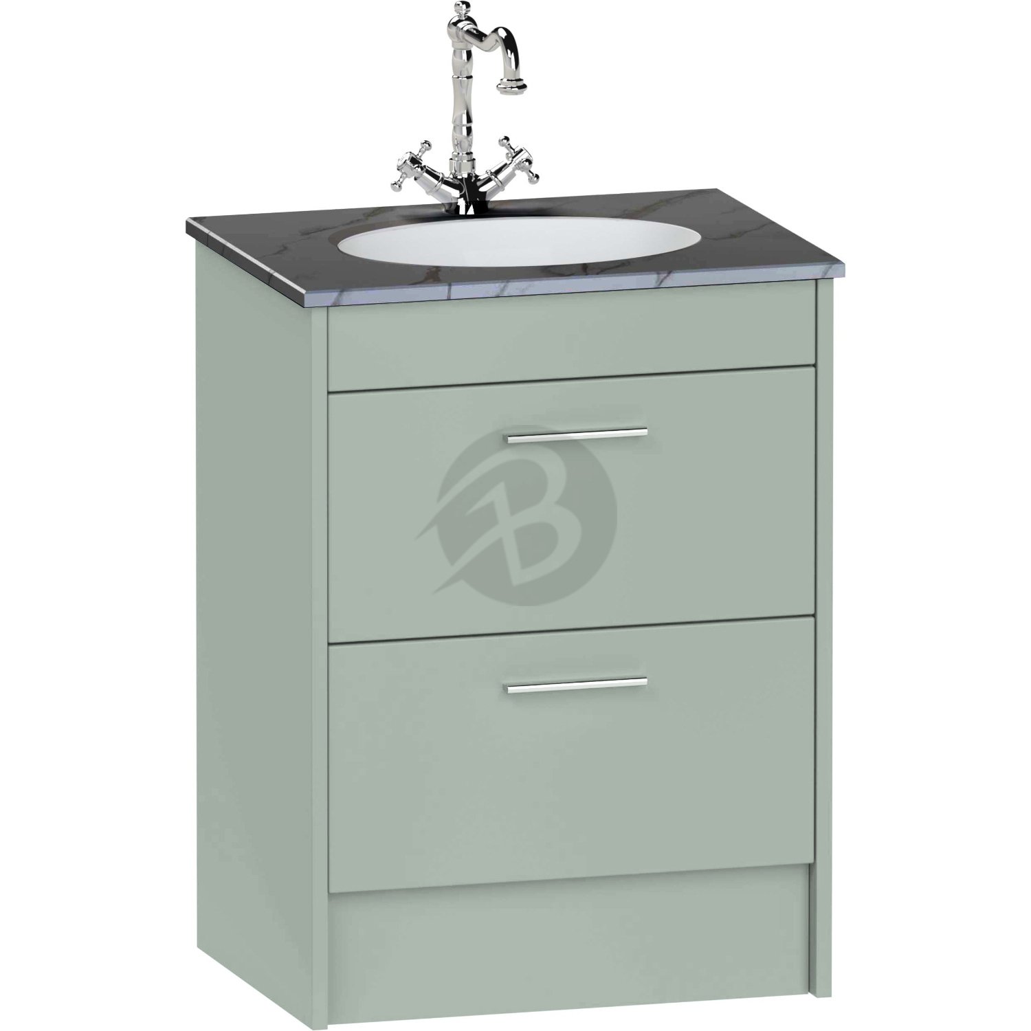 Calypso Brecon 2 Drawer Floor Standing Vanity Unit With Calypstone Aura Storm Grey Basin – 600mm Wide – No TH - Soft Green