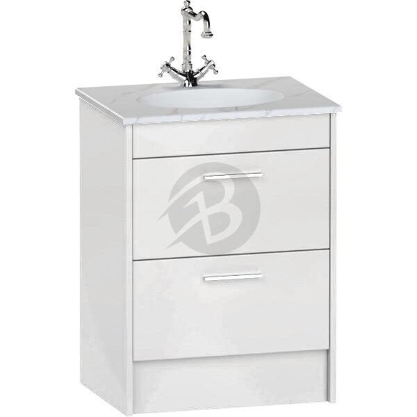 Calypso Brecon 2 Drawer Floor Standing Vanity Unit With Calypstone Aura Cirrus White Basin – 600mm Wide – No TH - Soft White