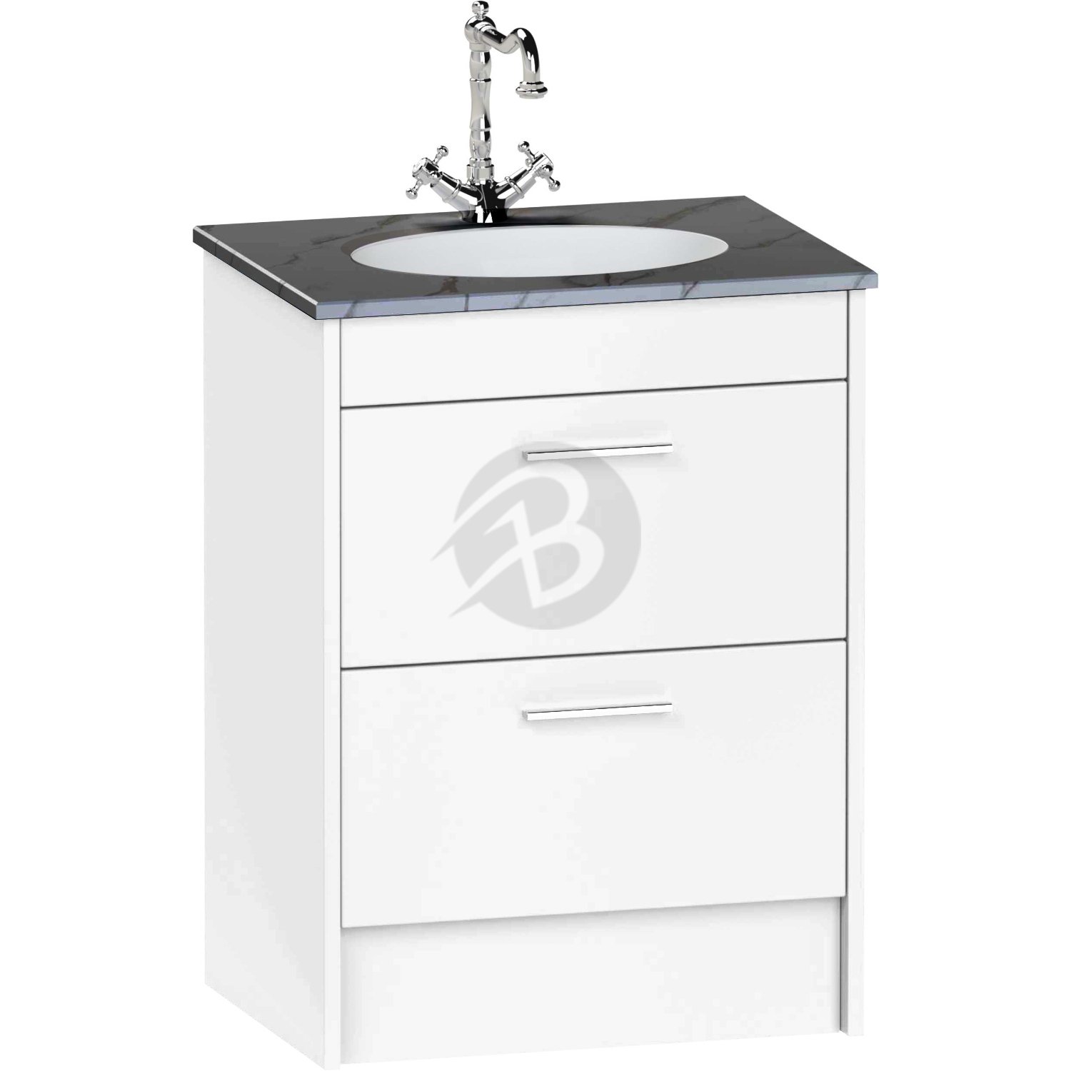 Calypso Brecon 2 Drawer Floor Standing Vanity Unit With Calypstone Aura Storm Grey Basin – 600mm Wide – No TH - Soft White