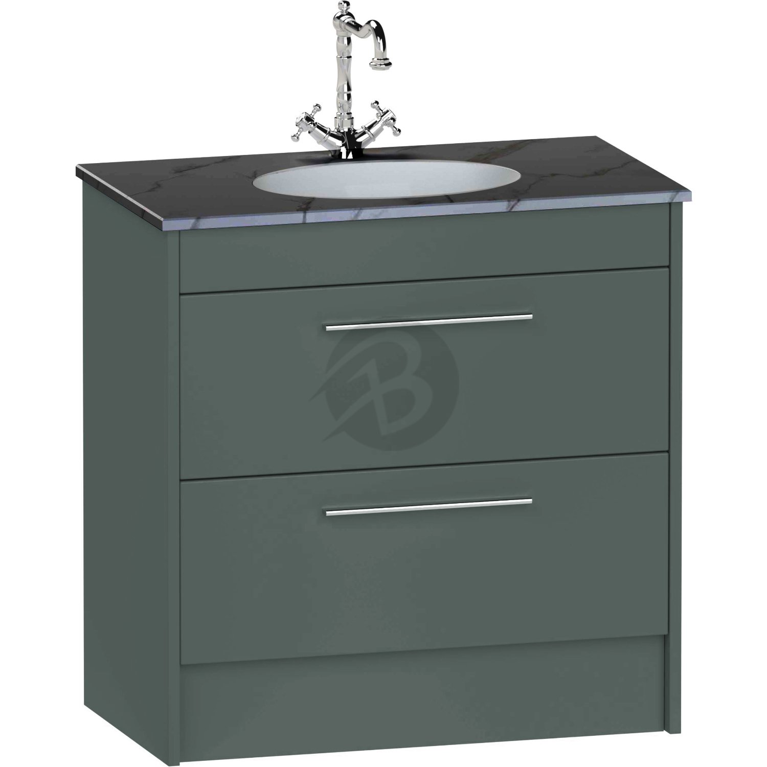 Calypso Brecon 2 Drawer Floor Standing Vanity Unit With Calypstone Aura Storm Grey Basin – 800mm Wide – No TH - Hunter Green