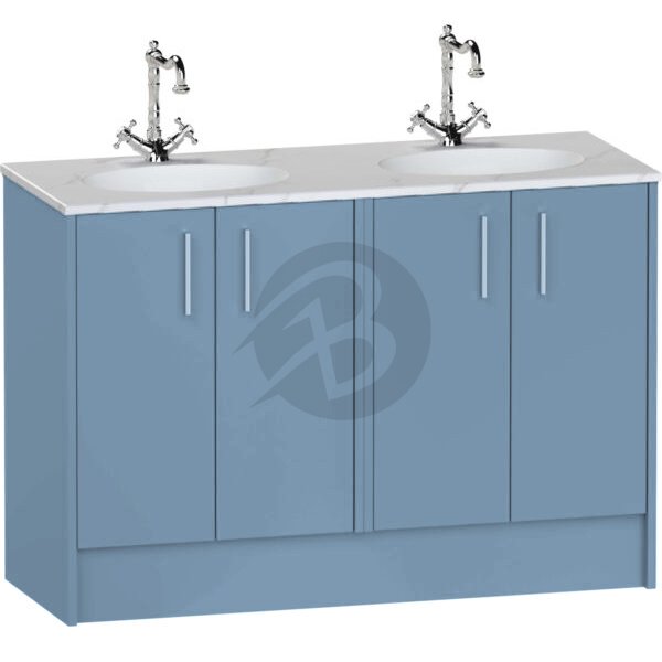 Calypso Brecon 4 Door Floor Standing Vanity Unit With Calypstone Aura Cirrus White Double Basin – 1200mm Wide – No TH - Dusky Blue