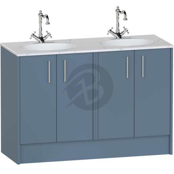 Calypso Brecon 4 Door Floor Standing Vanity Unit With Calypstone Aura Cirrus White Double Basin – 1200mm Wide – No TH - Dark Sapphire