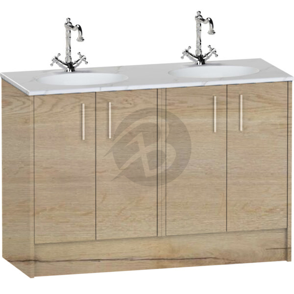 Calypso Brecon 4 Door Floor Standing Vanity Unit With Calypstone Aura Cirrus White Double Basin – 1200mm Wide – No TH - Light English Oak
