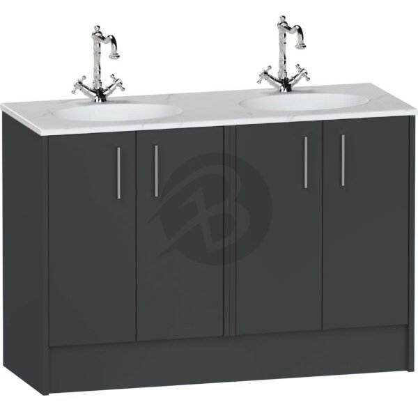 Calypso Brecon 4 Door Floor Standing Vanity Unit With Calypstone Aura Cirrus White Double Basin – 1200mm Wide – No TH - Soft Graphite