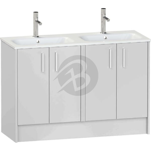 Calypso Brecon 4 Door Floor Standing Vanity Unit With Orani Cast Gloss White Double Basin – 1200mm Wide – 1 TH - Pebble